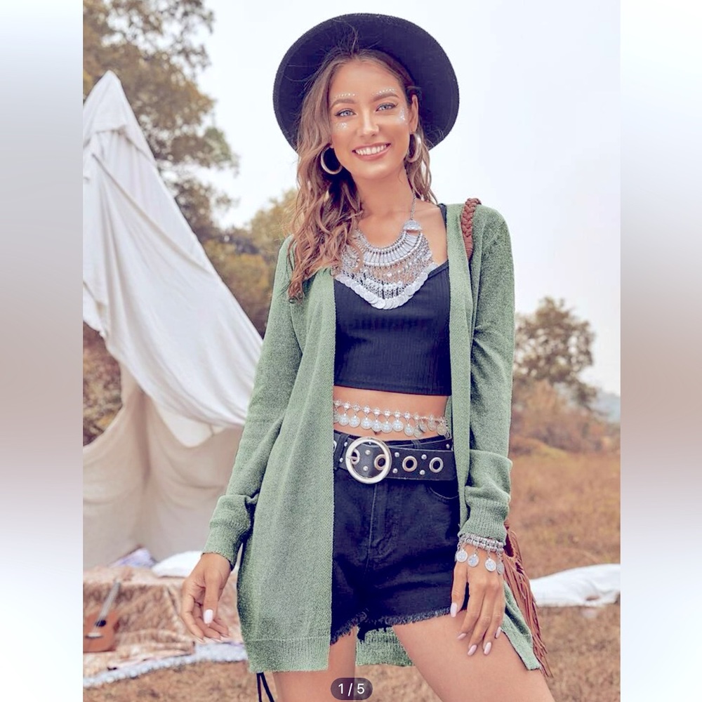 Long, open front, slight shimmer stitching cardigan.